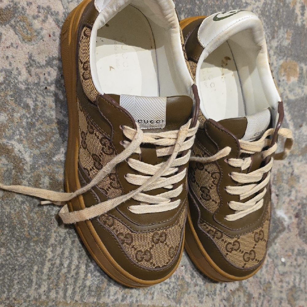 Gucci White and Brown Monogram Sneakers